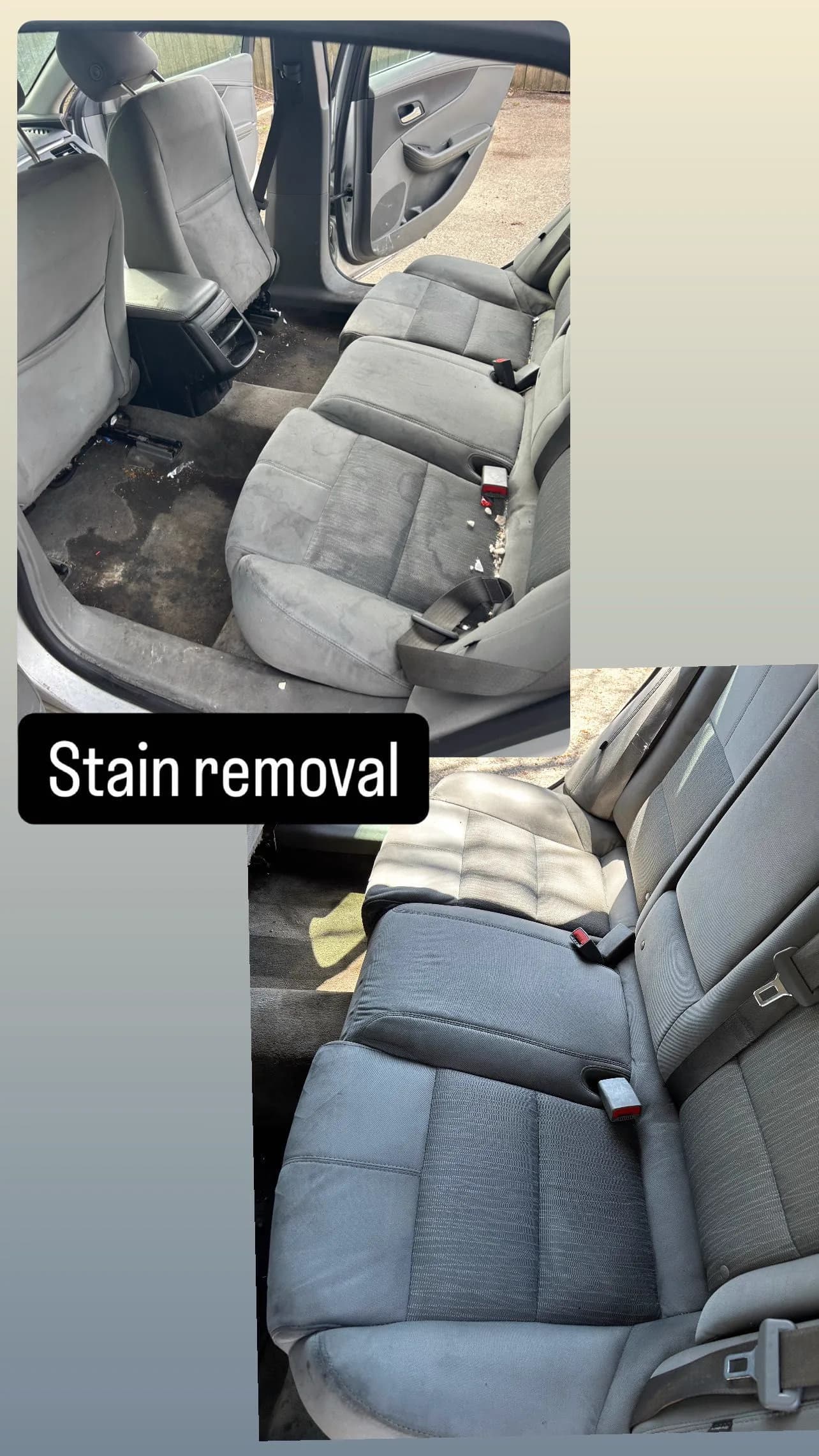 Before-and-after upholstery stain-removal proof from the Detailing Rite portfolio